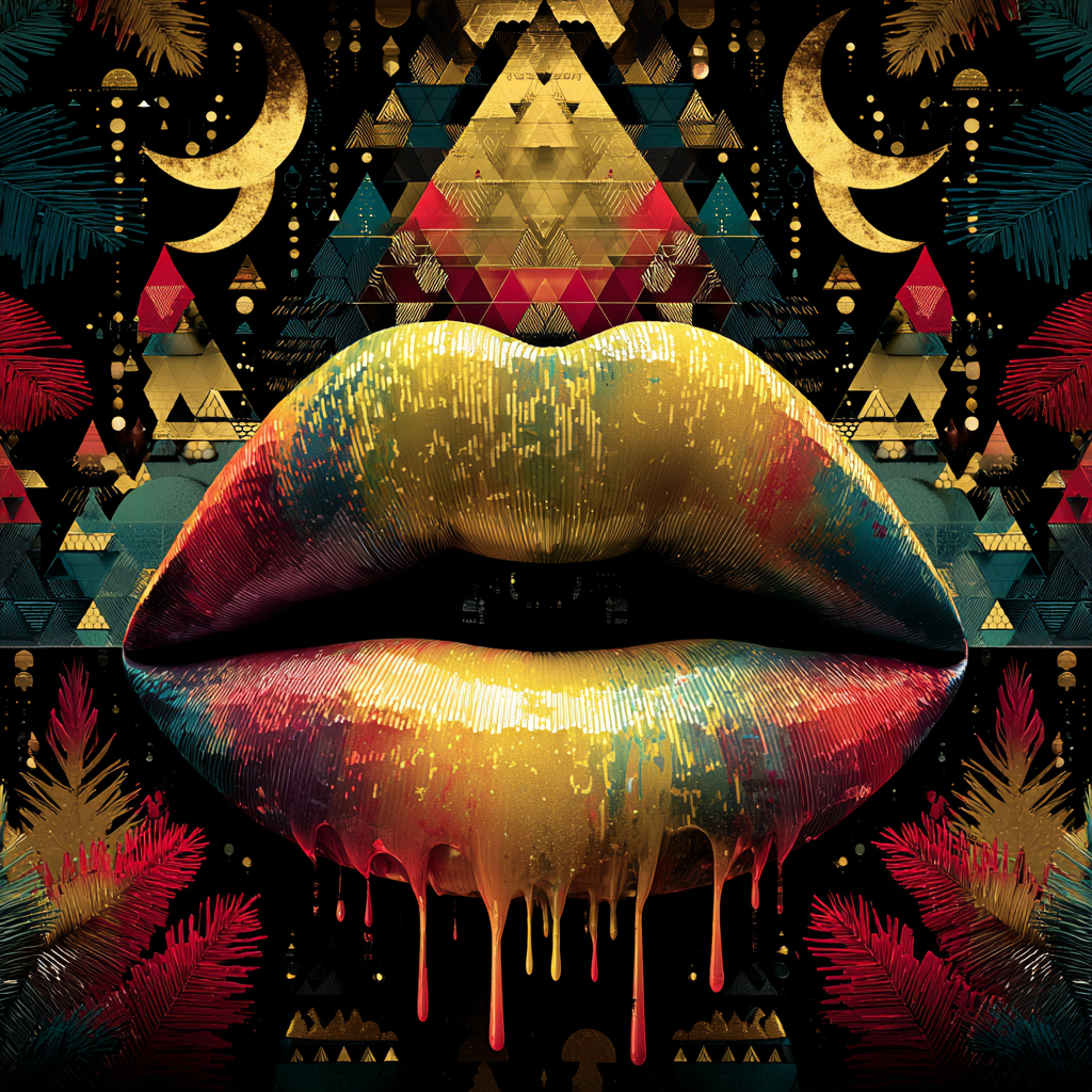 Goldener Kuss – quadratische digitale Kunst mit Lippen, Gold, Begehren