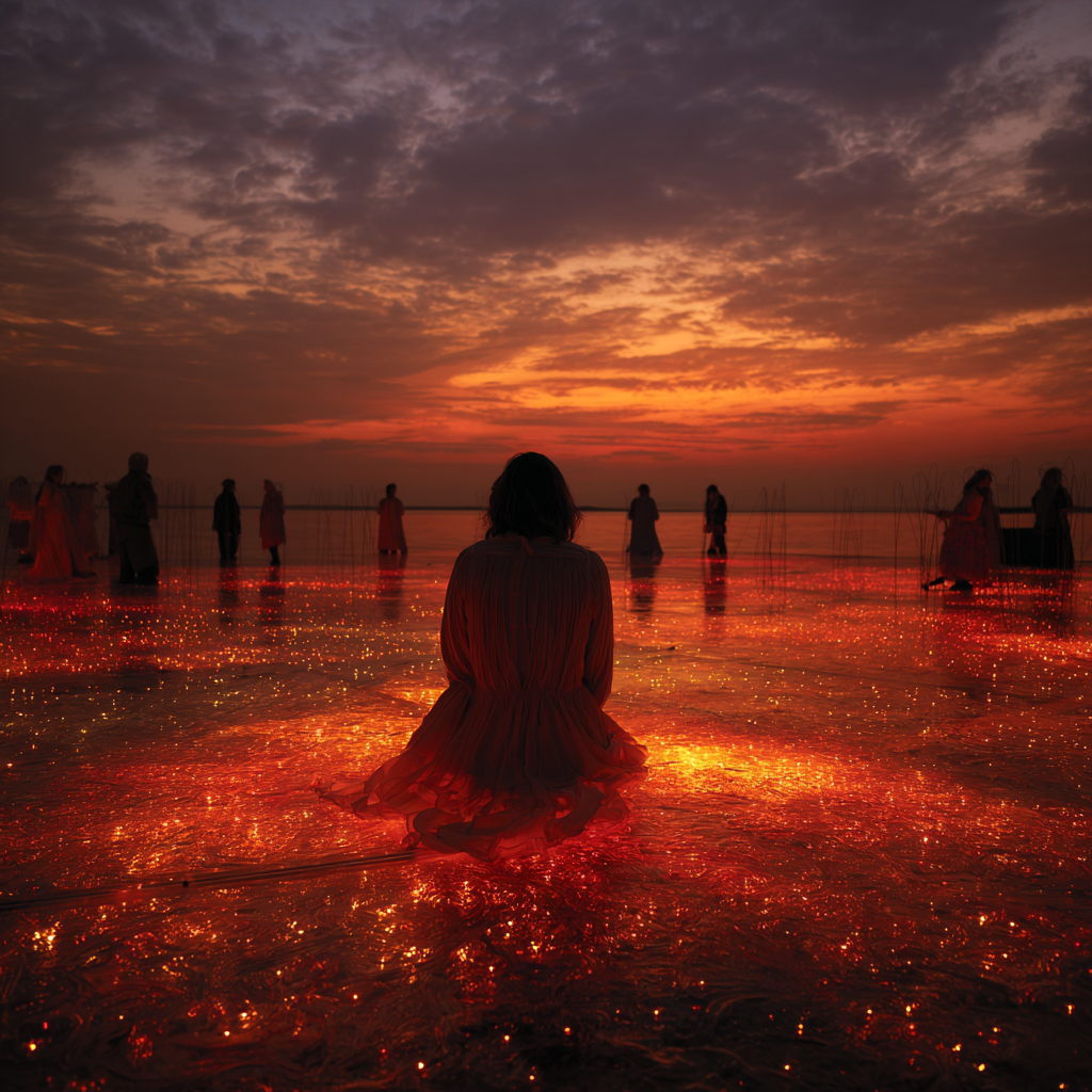 Abend der stillen Stimmen – quadratische digitale Kunst mit Frau, Sonnenuntergang, Stille