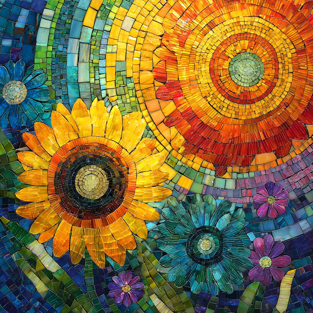 Florales Mosaik mit Sonnen- und Blütenformen in warmen Gelb-, Orange- und kühlen Blautönen.