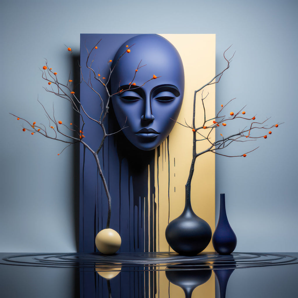 Ruhig-symbolisches Kunstwerk mit skulpturaler Maske, Zweigen mit Beeren, geometrischem Hintergrund und harmonischer Farbkomposition.