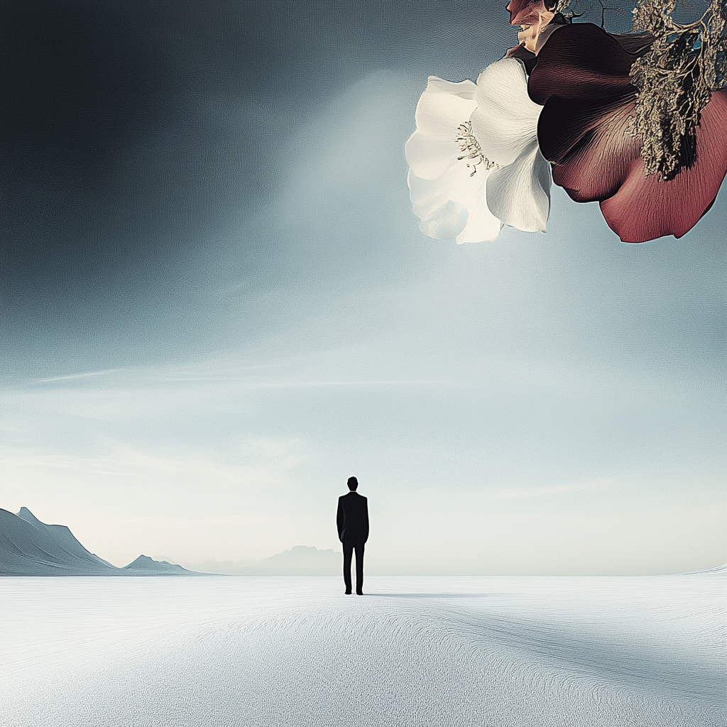 Allein stehende Person in weiter minimalistischer Landschaft mit schwebender Blüte am Himmel.