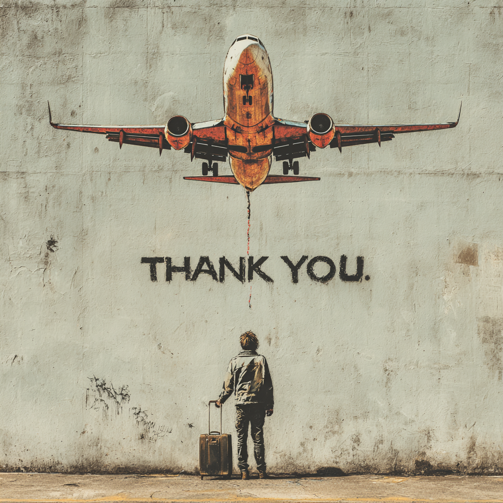 Street-Art-Graffiti mit Flugzeug, Schriftzug „THANK YOU“ und einer Person mit Koffer vor Betonwand.