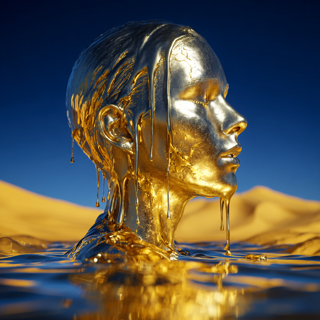 Goldene Skulptur eines menschlichen Kopfes mit geschlossenen Augen, aus Wasser auftauchend, vor blauem Hintergrund.