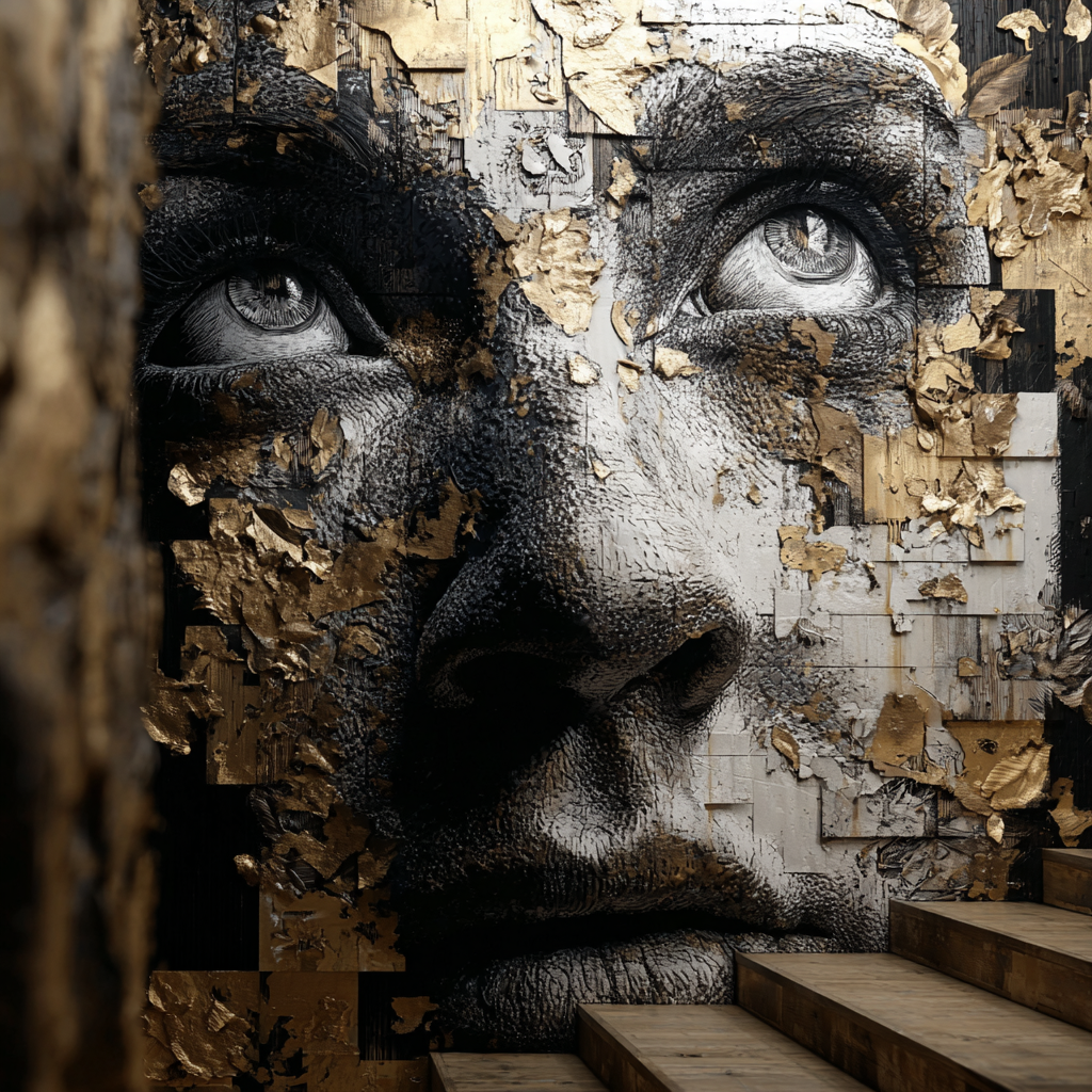 Street-Art-Porträt eines Gesichts mit intensiven Augen, dargestellt auf einer rissigen Wand mit goldenen Fragmenten.