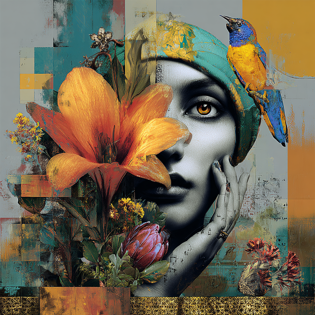 Symbolisches Frauenporträt mit Blüten und Vogel, Kombination aus Schwarzweiß und kräftigen Farben, Darstellung von Identität, Natur und innerer Wahrnehmung.