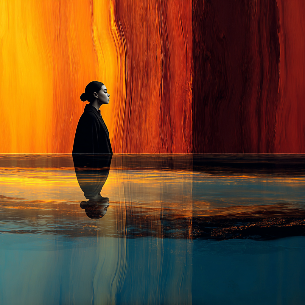 Silhouette einer Frau im Wasser vor abstraktem Farbverlauf aus Gold, Rot und Blau mit Spiegelung.
