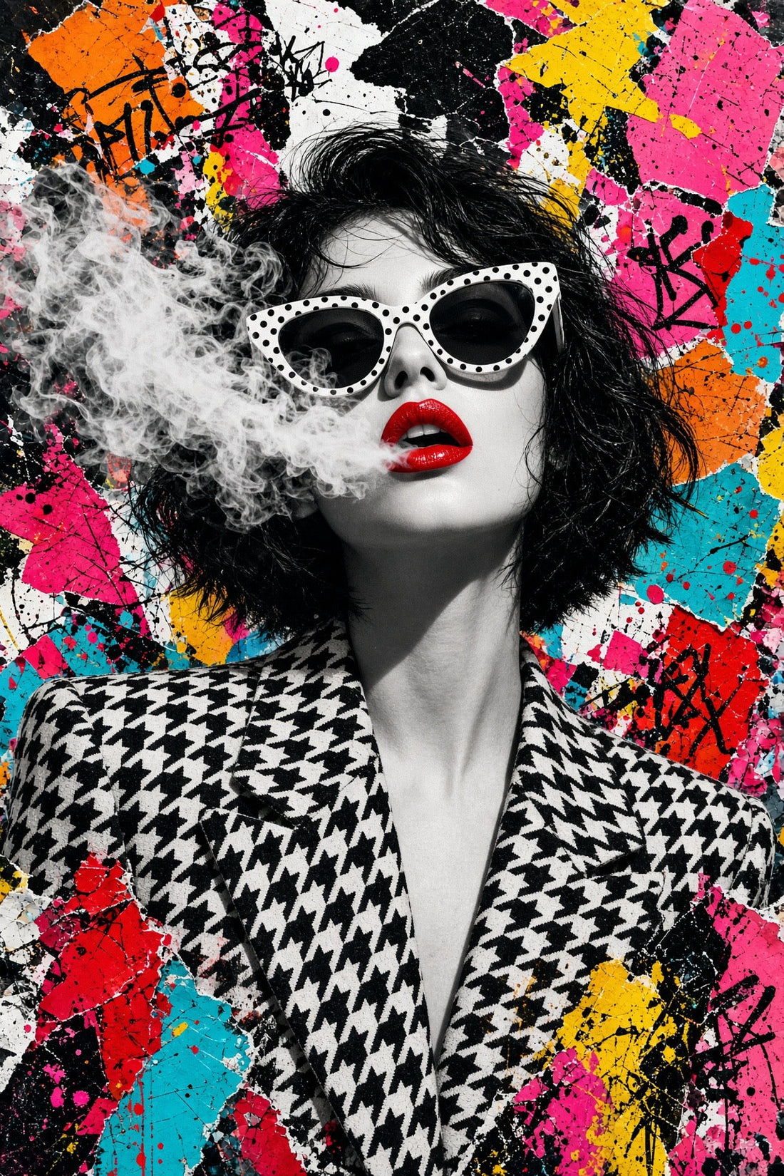 Ausdrucksstarker Giclée-Druck mit Modeporträt, schwarzer Sonnenbrille und farbigem Graffiti-Hintergrund.