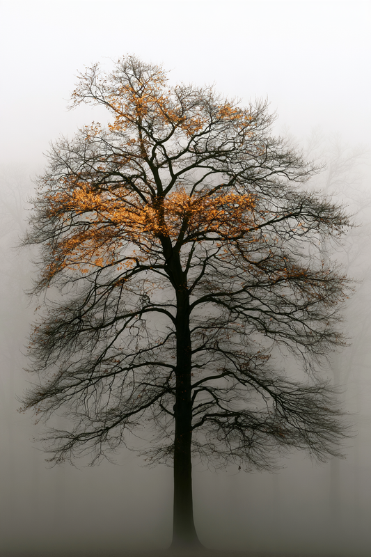 Baum im Morgennebel – digitale Kunst im Hochformat 2:3