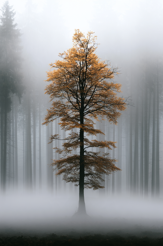 Gold im Nebelwald – digitale Kunst im Hochformat 2:3