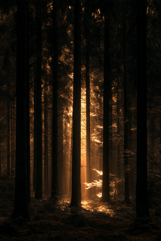 Lichtpfad im Wald – digitale Kunst im Hochformat 2:3