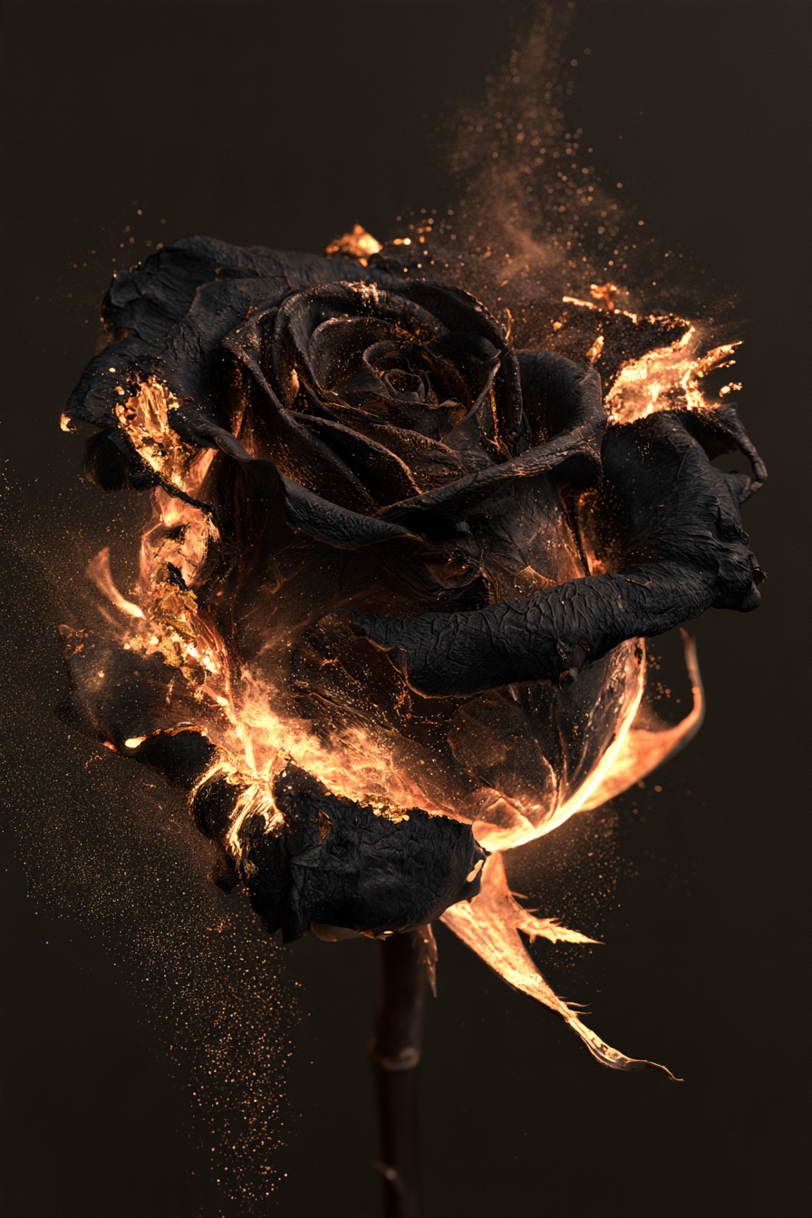 Schwarze Rose aus Feuer – digitale Kunst im Hochformat 2:3