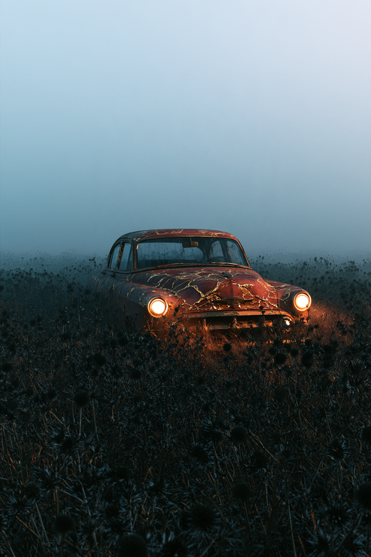 Letzte Fahrt im Nebel – digitale Kunst im Hochformat 2:3