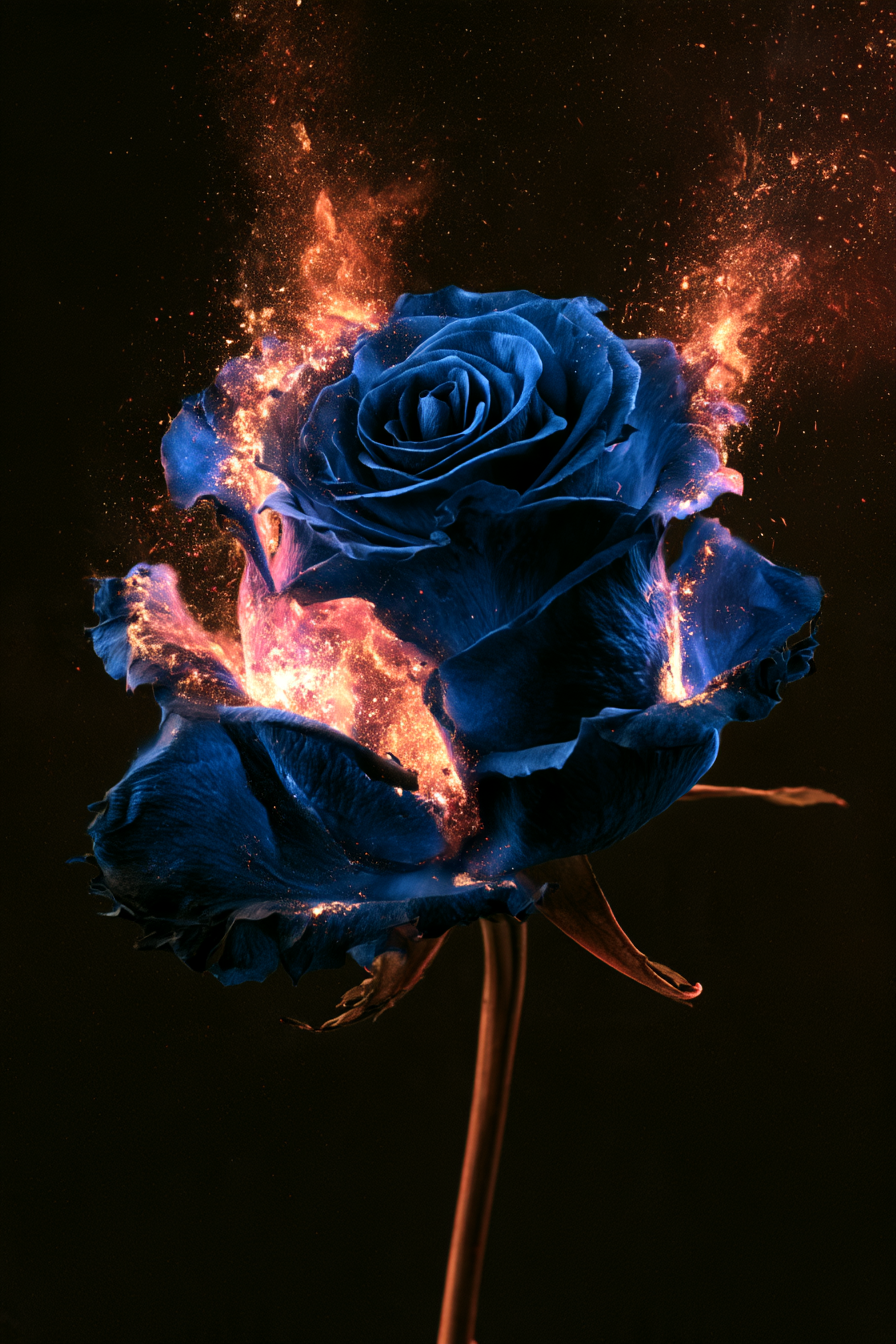 Blaue Rose in Flammen – digitale Kunst im Hochformat 2:3