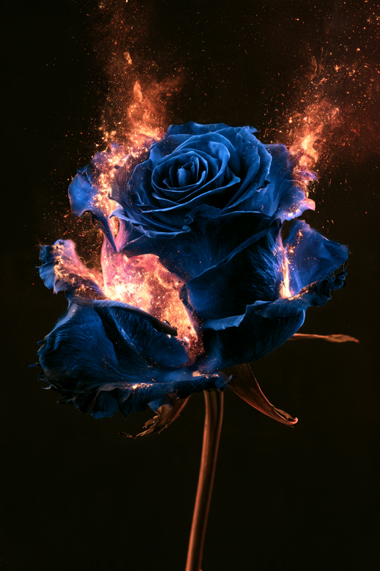 Blaue Rose in Flammen – digitale Kunst im Hochformat 2:3