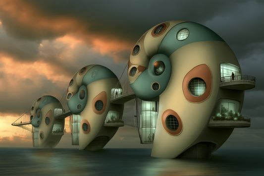 Futuristische organische Häuser mit runden Fenstern und Brücken im flachen Wasser
