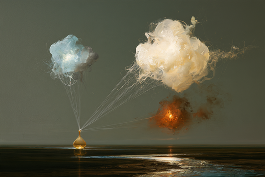 Surreale Wolken über dem Meer, mit feinen Seilen an ein goldenes Objekt gebunden