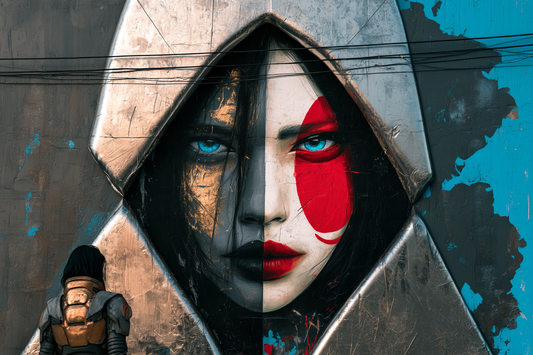Hoodie-Porträt einer Frau als Street-Art-Wandbild mit roten und türkisen Akzenten