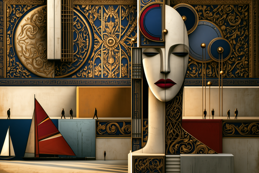 Ornamentales geometrisches Frauenporträt mit Gold, tiefem Blau und kleinen Segelbooten