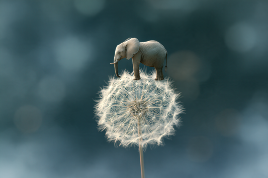 Kleiner weißer Elefant balanciert auf einer filigranen Pusteblume vor weichem Hintergrund
