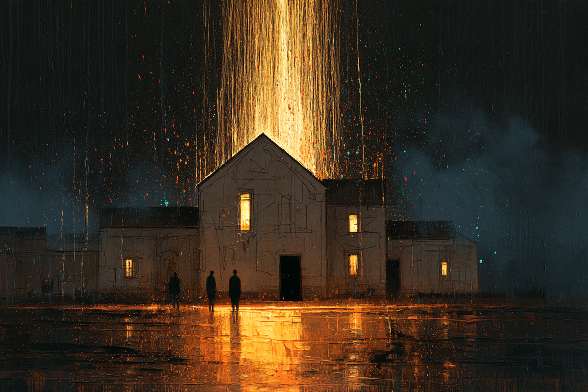 Haus unter goldenem Regen – digitale Kunst im Querformat 3:2