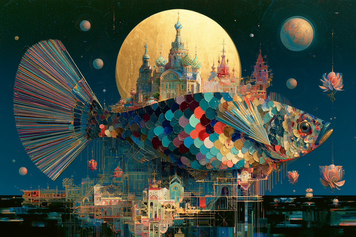 Fisch über der kosmischen Stadt in der Raumvorschau