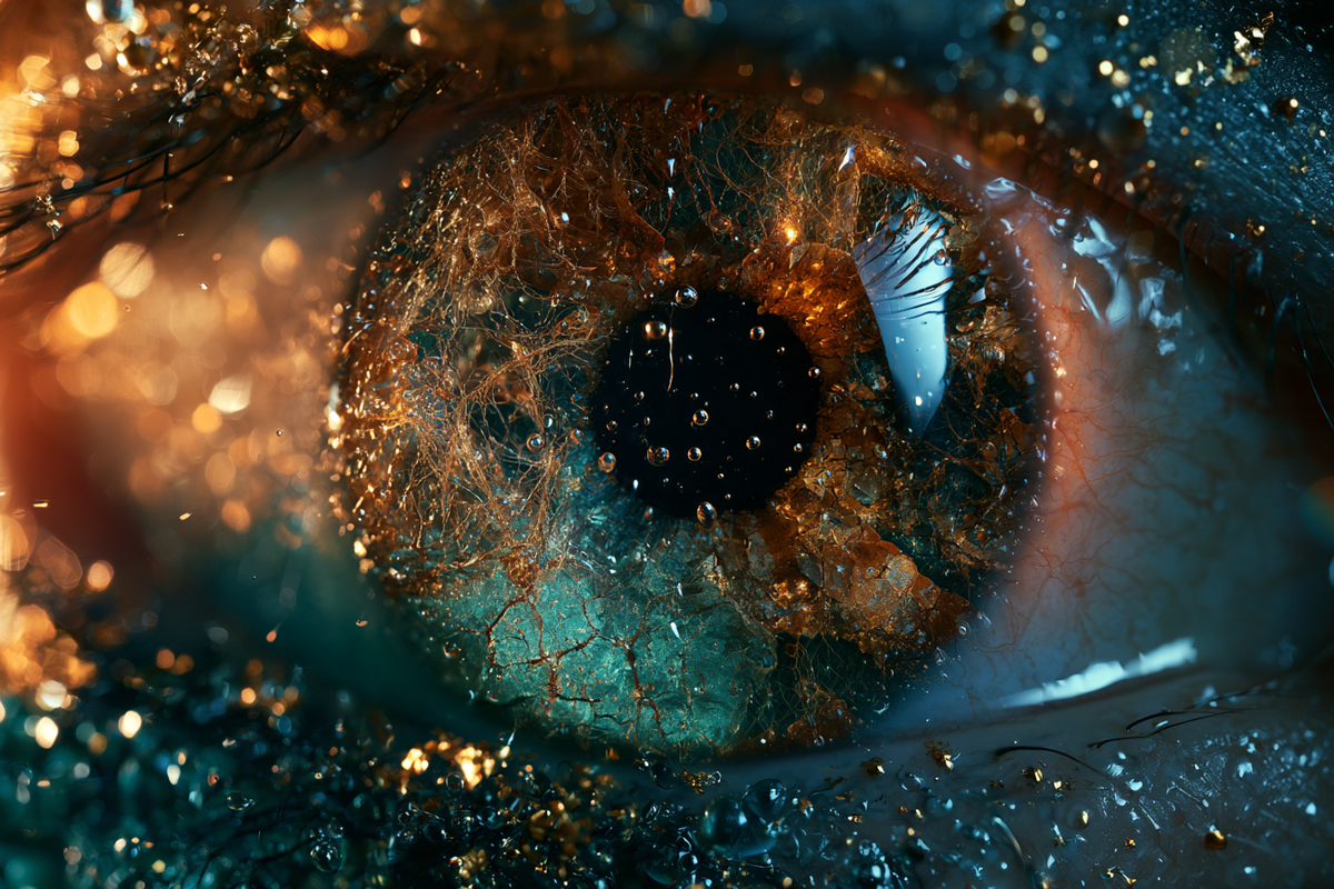 Das Auge aus Türkis und Gold – digitale Kunst im Querformat 3:2 mit Auge, Gold, Türkis