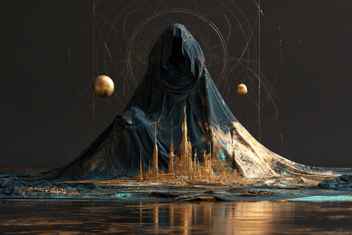Hüter der goldenen Stadt – digitale Kunst im Querformat 3:2 mit Hüter, Stadt, Planeten