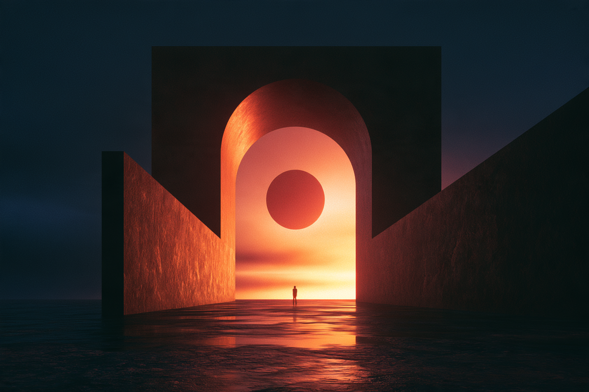 Tor zur Abendsonne – digitale Kunst im Querformat 3:2 mit Portal, Sonnenuntergang, Mensch