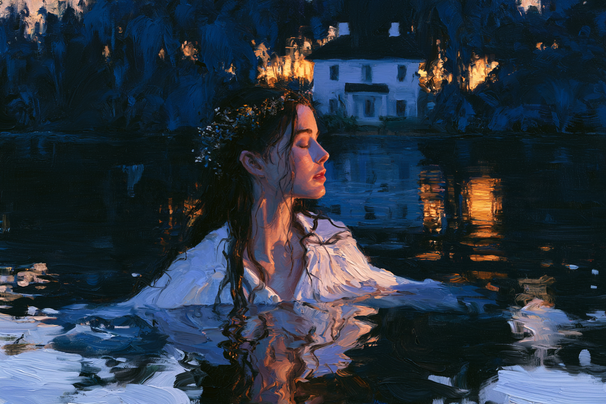 Nacht im stillen See – digitale Kunst im Querformat 3:2 mit Frau, See, Nacht