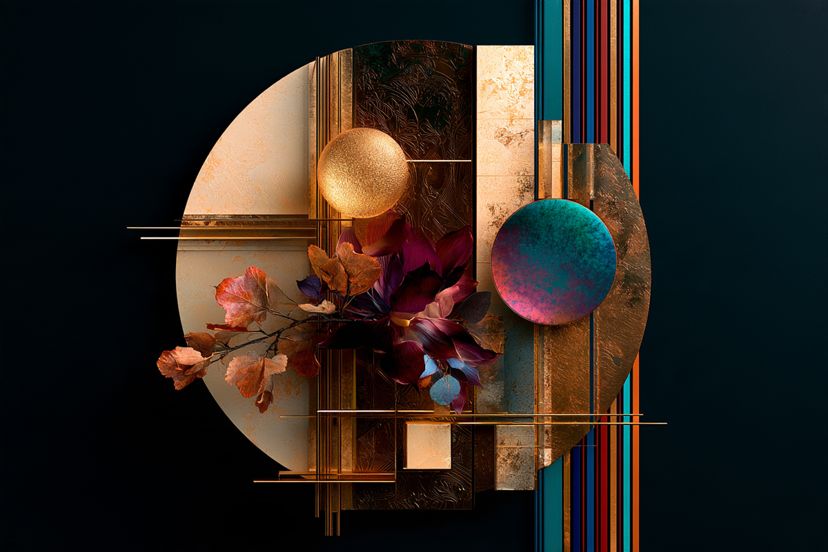 Botanische Geometrie I – digitale Kunst im Querformat 3:2 mit Blüten, Geometrie, Gold