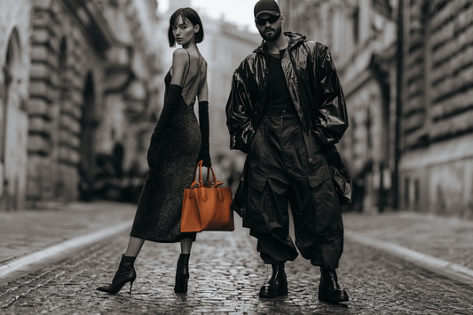 Elegant gekleidetes Paar in Schwarz auf einer Großstadtstraße mit markanter orangefarbener Tasche