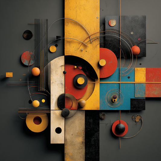 Abstrakte geometrische Komposition mit Kreisen, Linien und Rechtecken in Ocker, Rot, Blau und Schwarz als Symbol für Balance, Struktur und harmonische Ordnung.