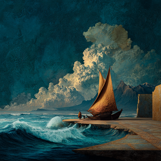 Symbolische Szene mit Segelboot am Rand einer steinernen Plattform, aufgewühltem Meer und dramatischem Wolkenhimmel.