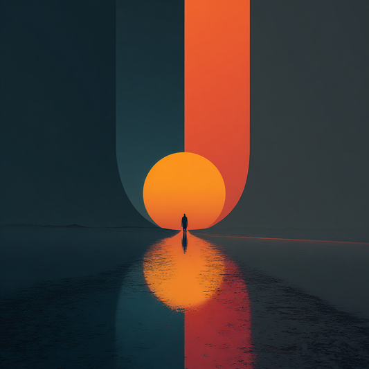 Silhouette einer Person vor leuchtendem orangefarbenem Kreis mit vertikalem Lichtstreifen in minimalistischer Landschaft.