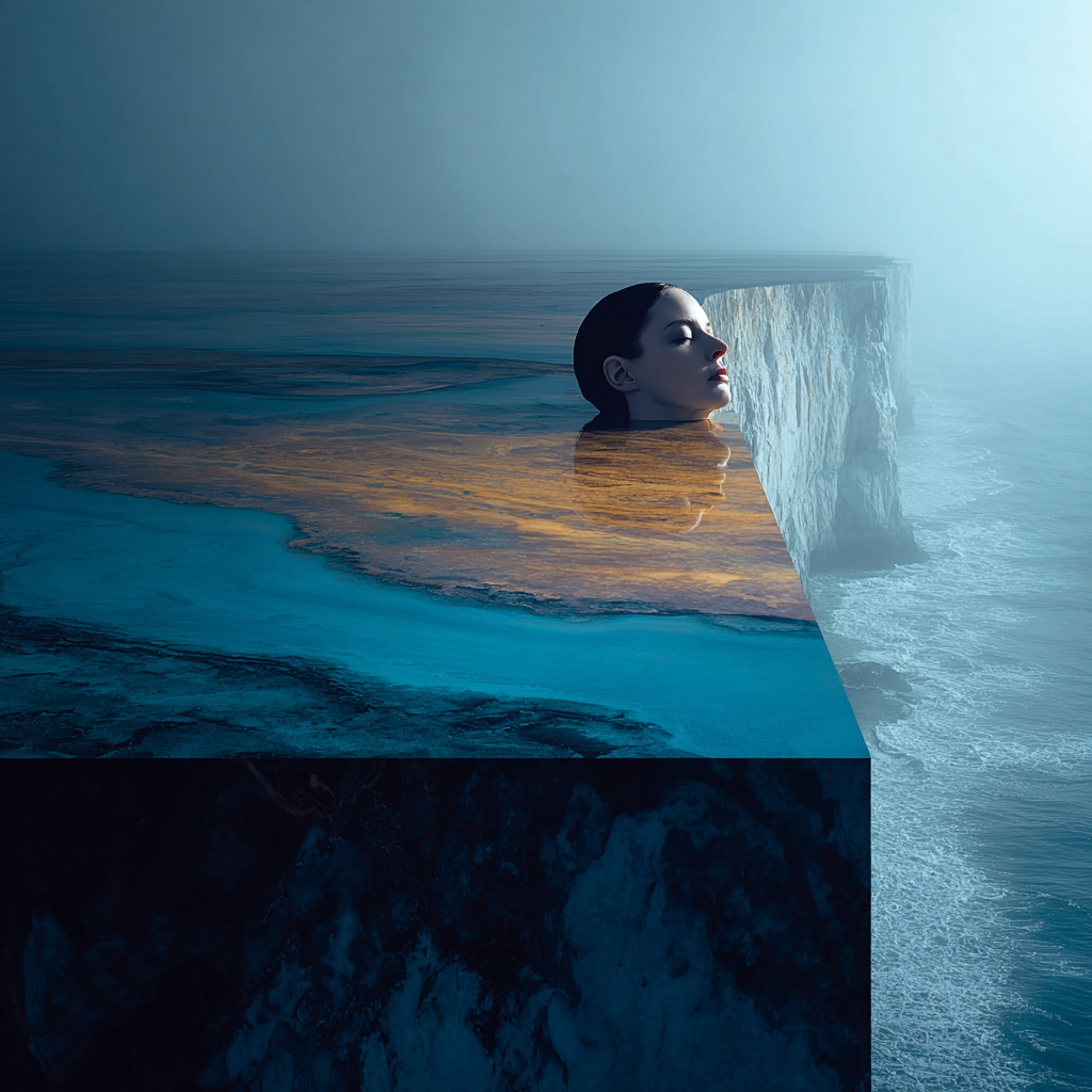 Frau mit geschlossenen Augen im Wasser an einer Klippenkante über dunkler Tiefe.