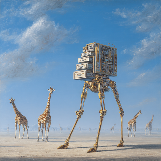 Surreale symbolische Landschaft mit mechanischer Archivfigur auf langen Beinen zwischen Giraffen in weiter Ebene, ruhig-poetische Atmosphäre