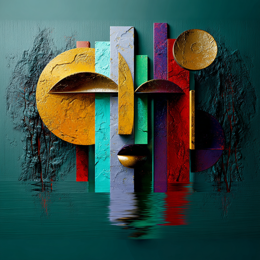 Abstrakte geometrische Komposition mit goldenen Formen, farbigen Flächen und Spiegelung im Wasser in einem symbolischen Stil.