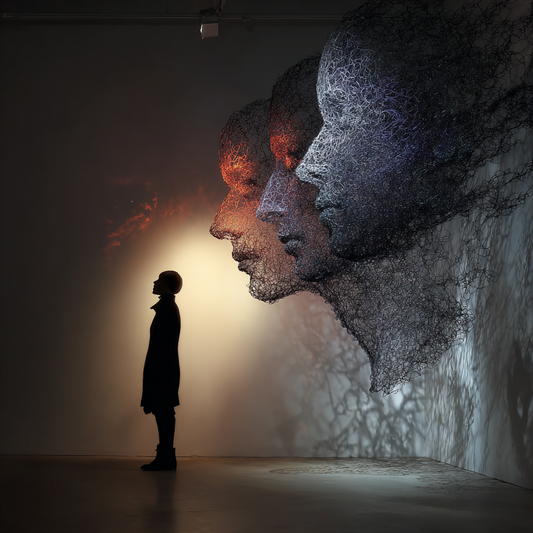 Silhouette einer stehenden Person gegenüber schwebenden, abstrakten Gesichtern aus Linien und Licht in dunklem Raum.