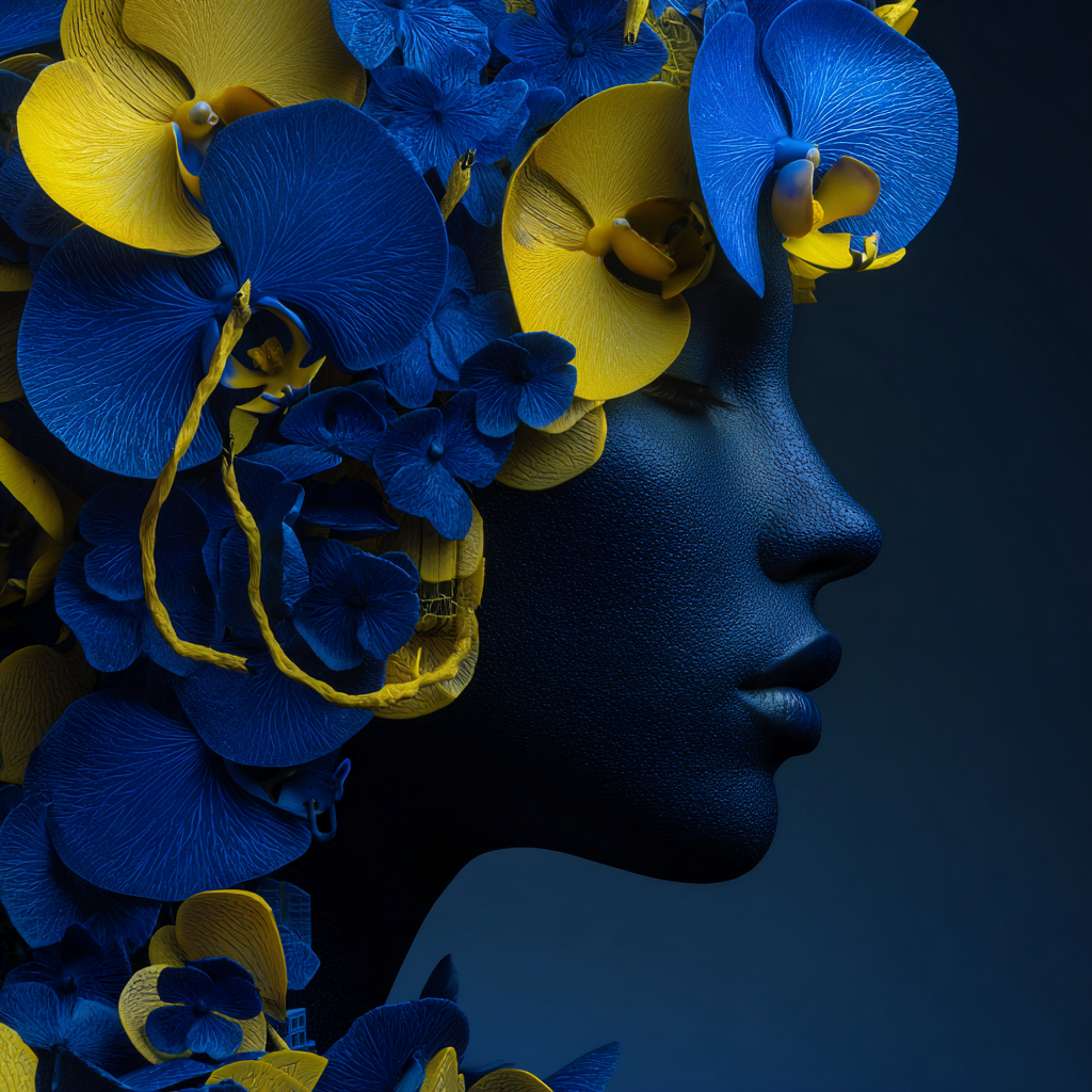 Profilporträt einer Frau in tiefem Blau mit gelben und blauen Orchideenblüten im Haar vor dunklem Hintergrund.