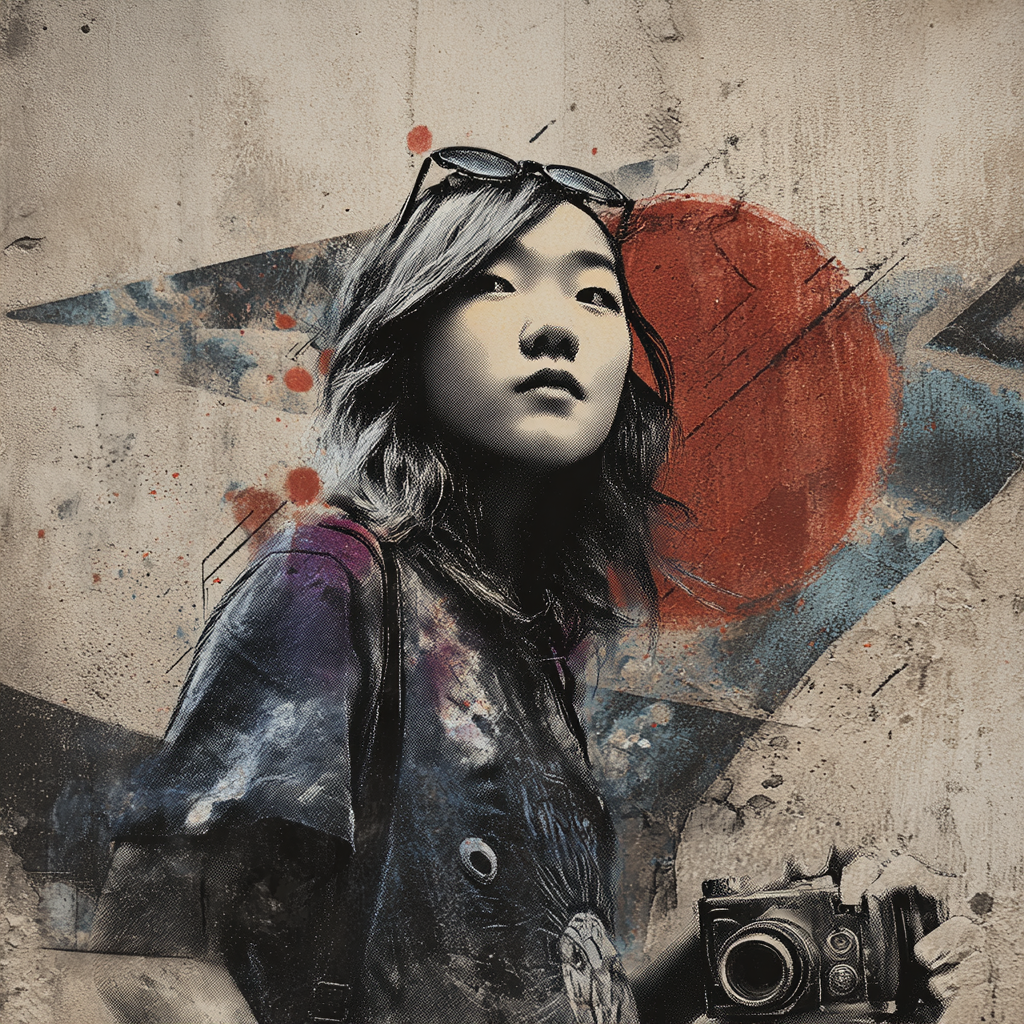 Urbanes Porträt einer jungen Frau mit Kamera vor abstraktem Hintergrund mit rotem Kreis.