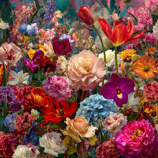 Malerische Komposition aus vielen bunten Blumen in dichter, harmonischer Anordnung.