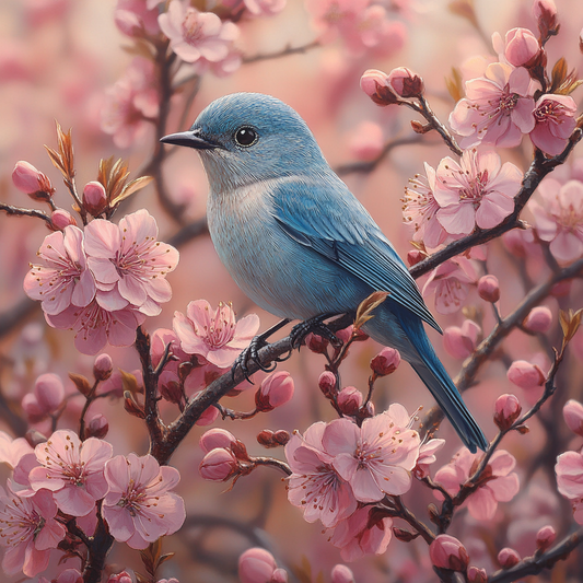 Blauer Vogel sitzt auf einem Zweig mit rosafarbenen Kirschblüten in ruhiger Frühlingsstimmung.