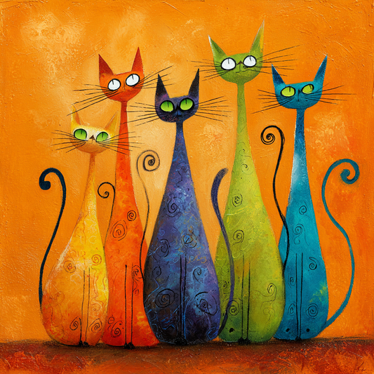 Fünf bunte, stilisierte Katzen vor orangefarbenem Hintergrund.