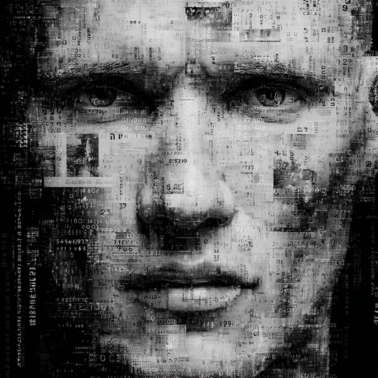 Abstraktes schwarz-weißes Porträt eines Gesichts, überlagert von Zahlen und typografischen Fragmenten.