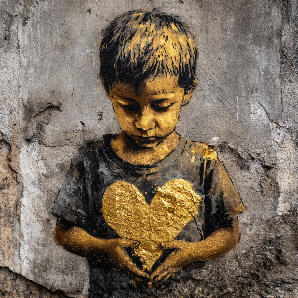 Symbolisches Bild eines Kindes, das ein goldenes Herz vor rauer Wand hält, ruhig-emotionale und poetische Atmosphäre