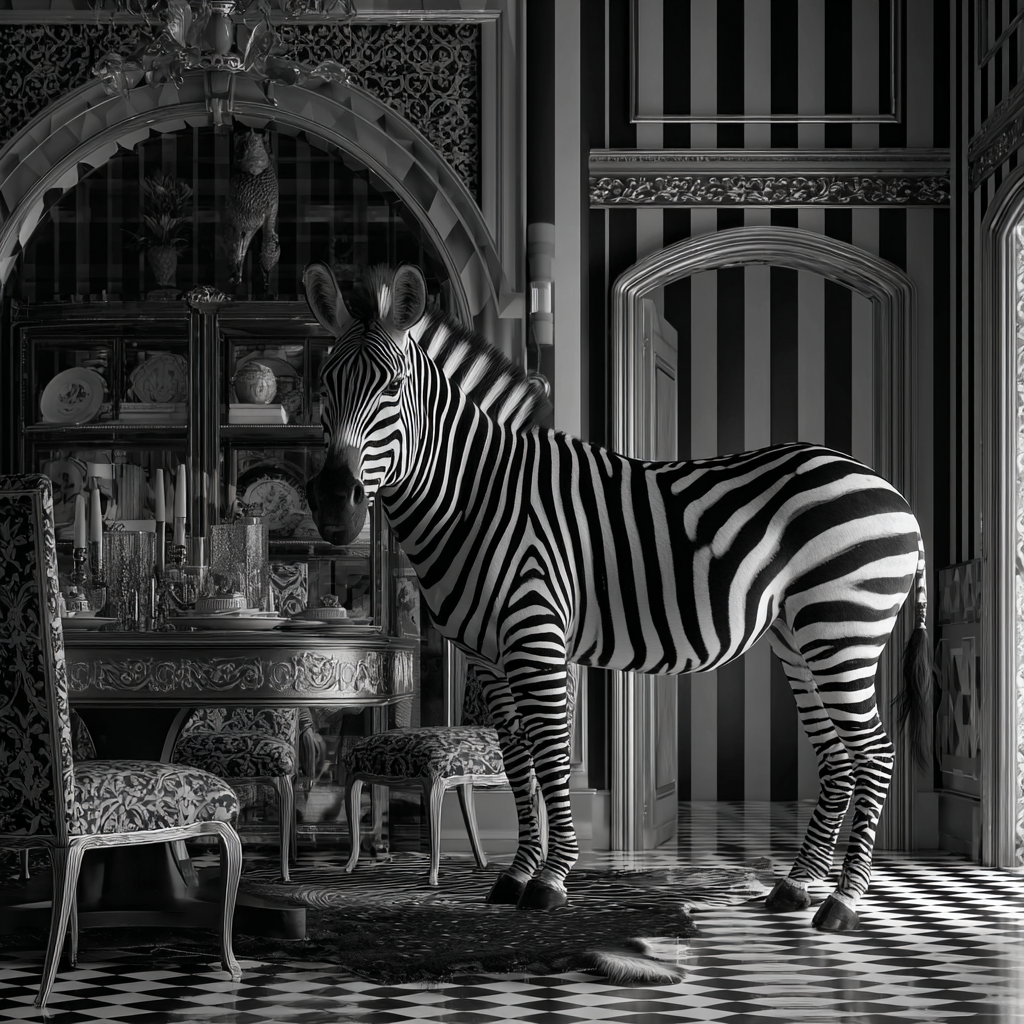 Zebra steht in elegantem, klassischem Salon in schwarz-weißer Fotokunst.