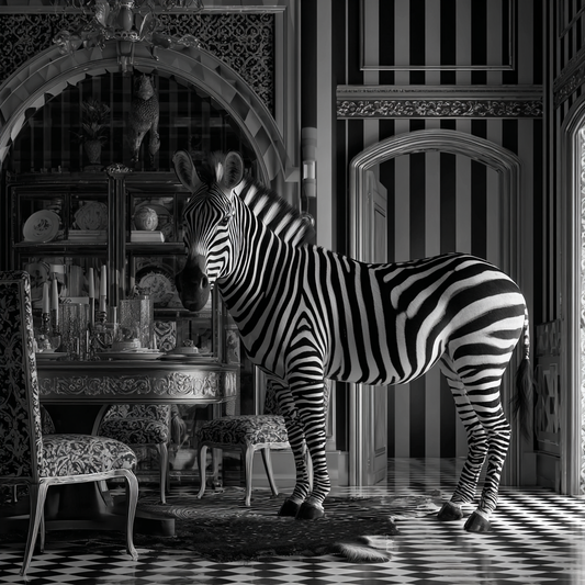 Zebra steht in elegantem, klassischem Salon in schwarz-weißer Fotokunst.