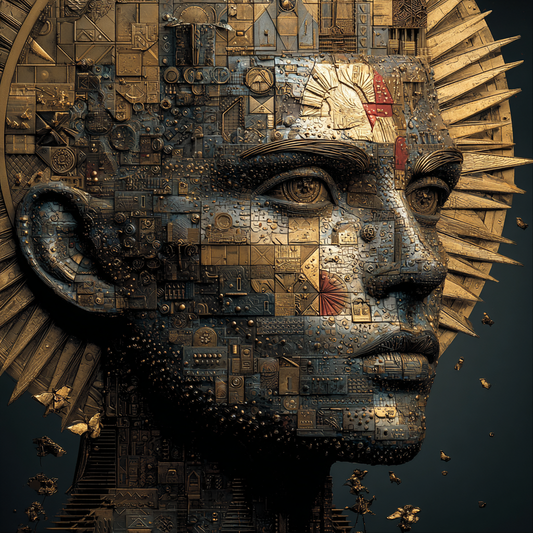 Ikonisches Porträt eines Gesichts aus geometrischen Fragmenten und ornamentalen Strukturen in Gold- und Erdtönen.