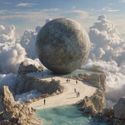 Symbolische Landschaft mit monumentaler Steinkugel auf einem Weg über Wasser und Felsen, kleine Figuren unter dramatischem Wolkenhimmel