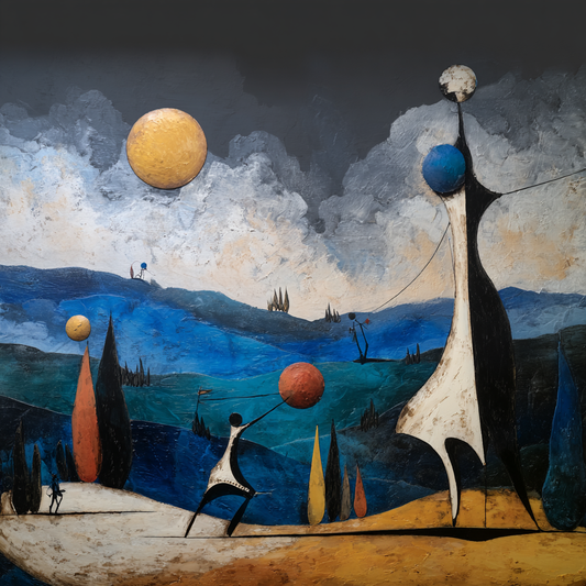 Symbolische Landschaft mit abstrakten Figuren und schwebenden Kugeln in Blau- und Goldtönen.